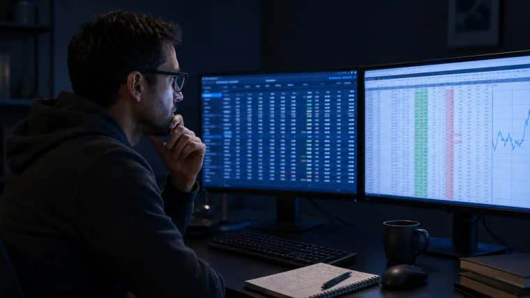 Gracz sharp analizujący dane closing line value na dwóch monitorach
